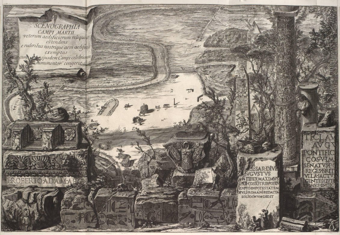 Piranesi engraving reconstruction of the ancient Campus Martius with ruins and Tiber bend