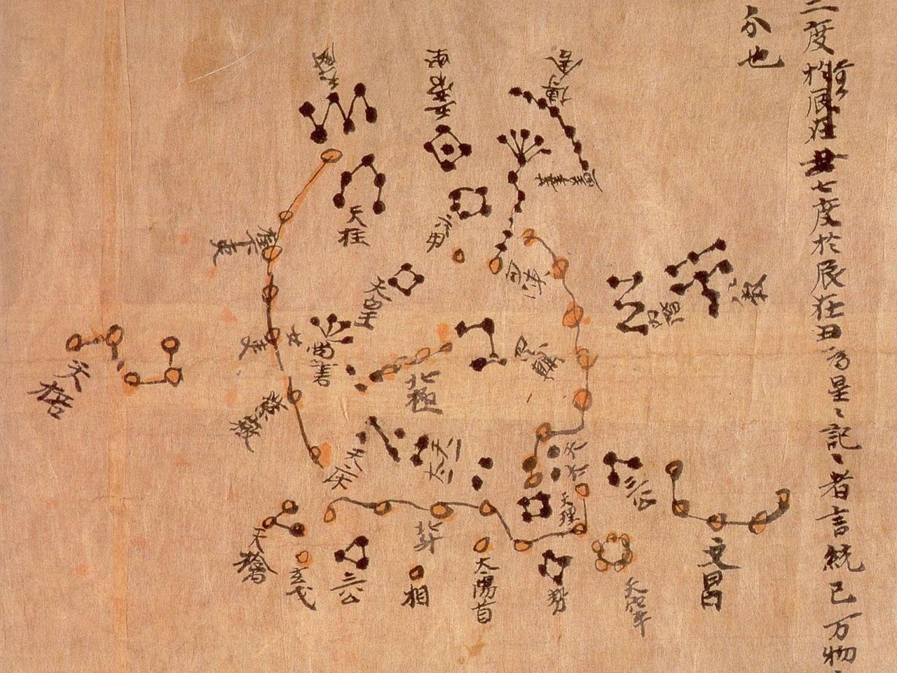 Ancient Chinese ink star chart with linked constellations and labels