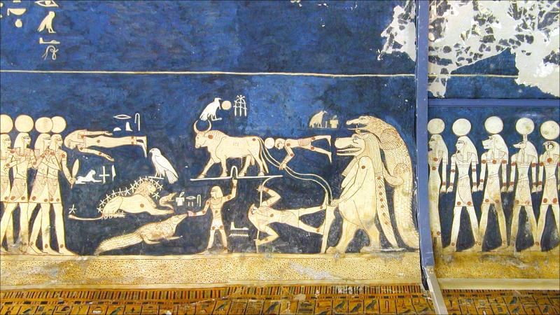 Astronomical ceiling from an Egyptian royal tomb with star figures on blue ground