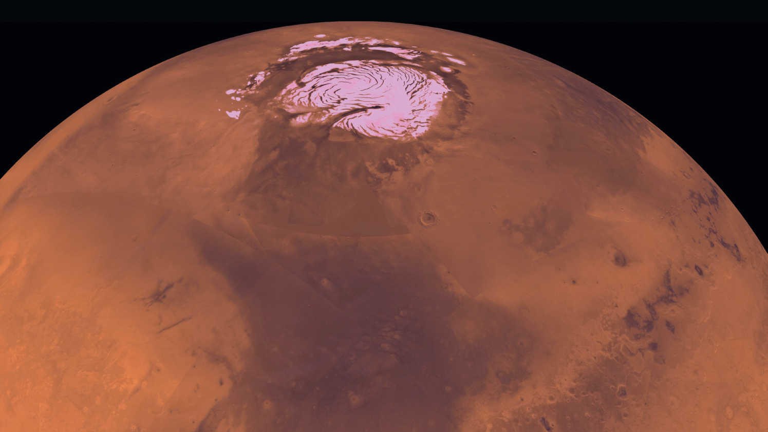 The planet Mars with ice cap and red surface