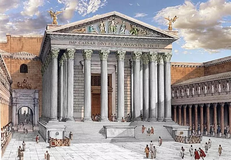Reconstruction painting of the Temple of Mars Ultor with tall columns and pediment