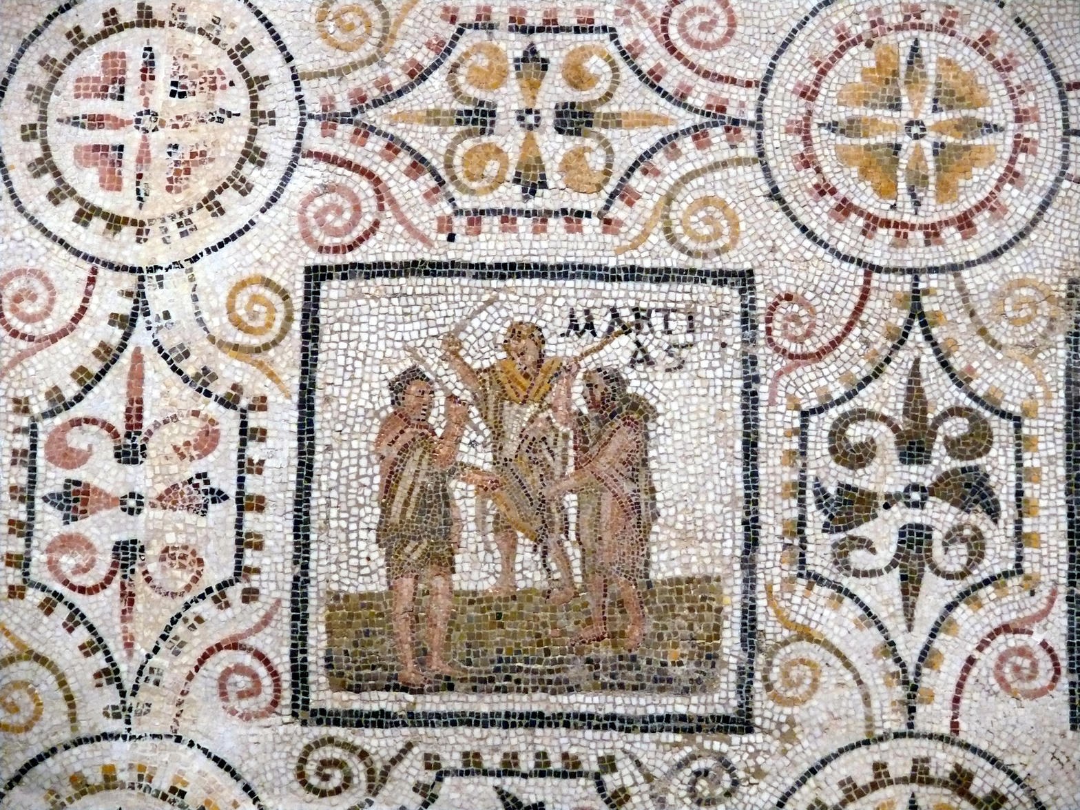 Roman mosaic labeled Martius with figures representing the month of March