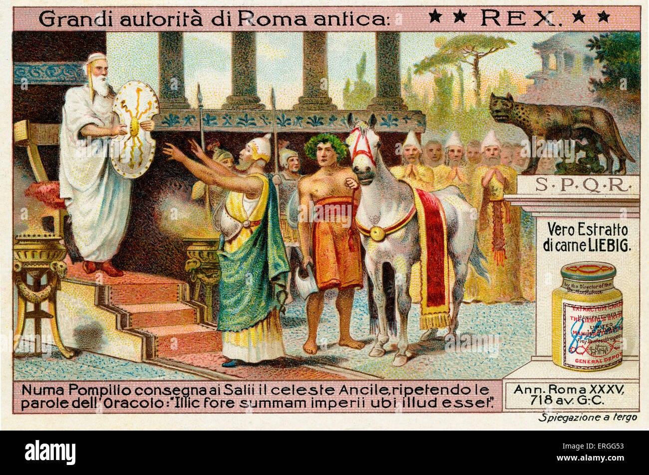 Historic illustration of King Numa presenting the heavenly shield to the Salii