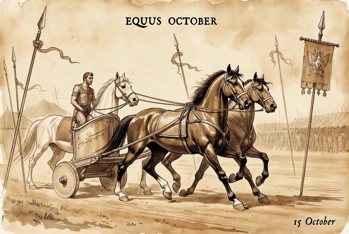 Sepia sketch of a two-horse Roman chariot race for the October Horse festival