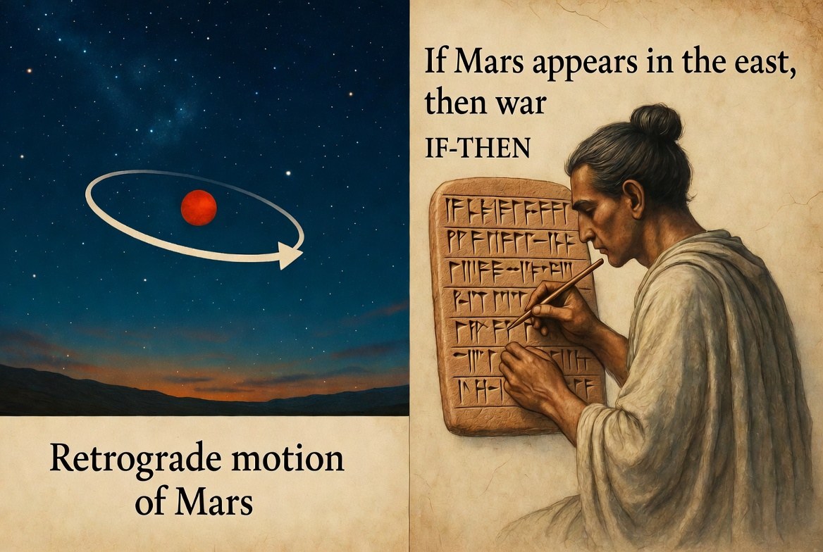 Diagram of Mars retrograde motion next to a scribe writing an IF-THEN omen on a clay tablet
