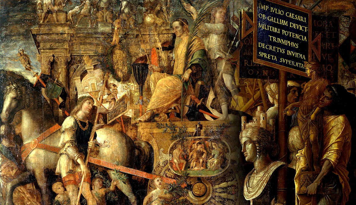 Renaissance painting of a Roman triumphal procession with chariot and standards
