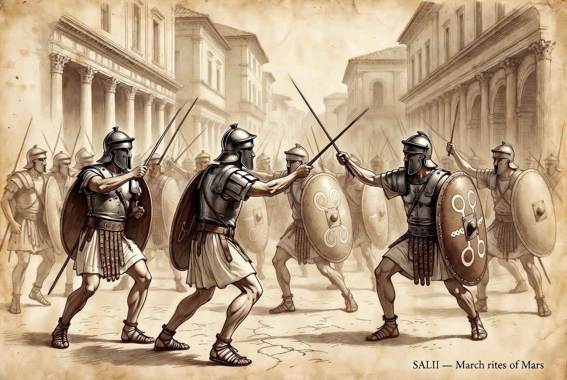 Reconstruction sketch of Salii priests dancing with shields and swords in a Roman street