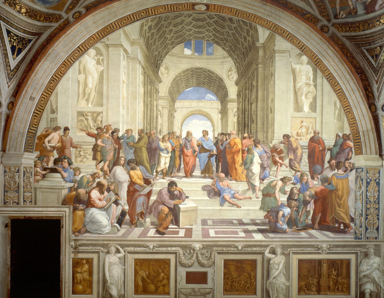 Raphael’s School of Athens fresco of classical philosophers in a grand hall