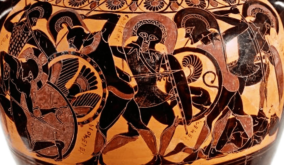 Greek vase battle scene with round shields and spears in dense combat